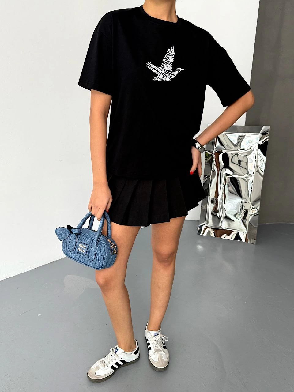 Kadın Kısa Kol Yazlık Tişört Bisiklet Yaka Baskılı Oversize T-Shirt - Siyah