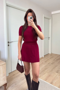 Kadın Kısa Kollu Bluz Mini Etekli ikili Takım Triko - Bordo
