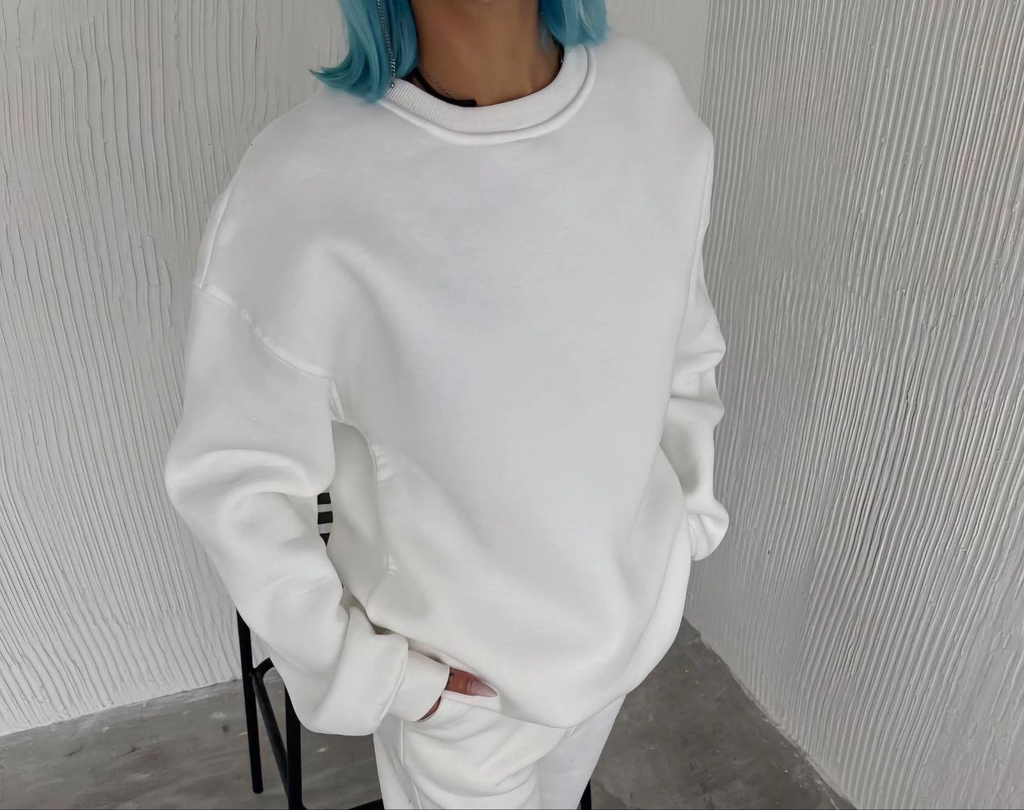 Kadın Bisiklet Yaka 3 İplik Pamuklu Basic SweatShirt - Beyaz