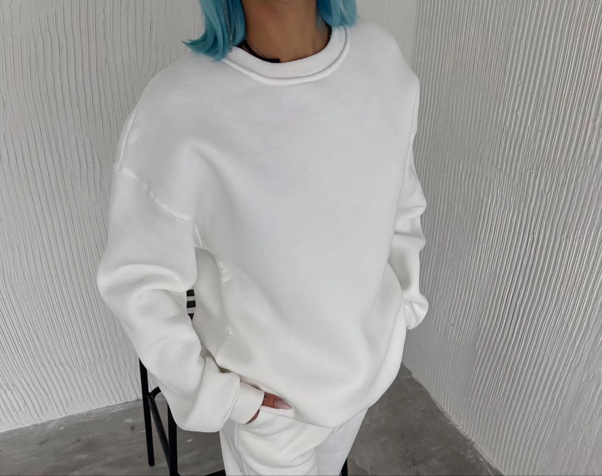 Kadın Bisiklet Yaka 3 İplik Pamuklu Basic SweatShirt - Beyaz