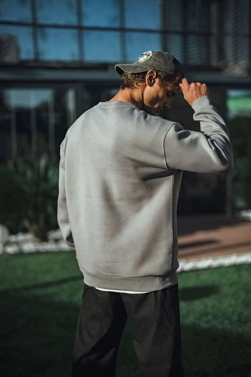 Erkek Bisiklet Yaka 3 İplik pamuklu Basic SweatShirt - Boyalı Gri