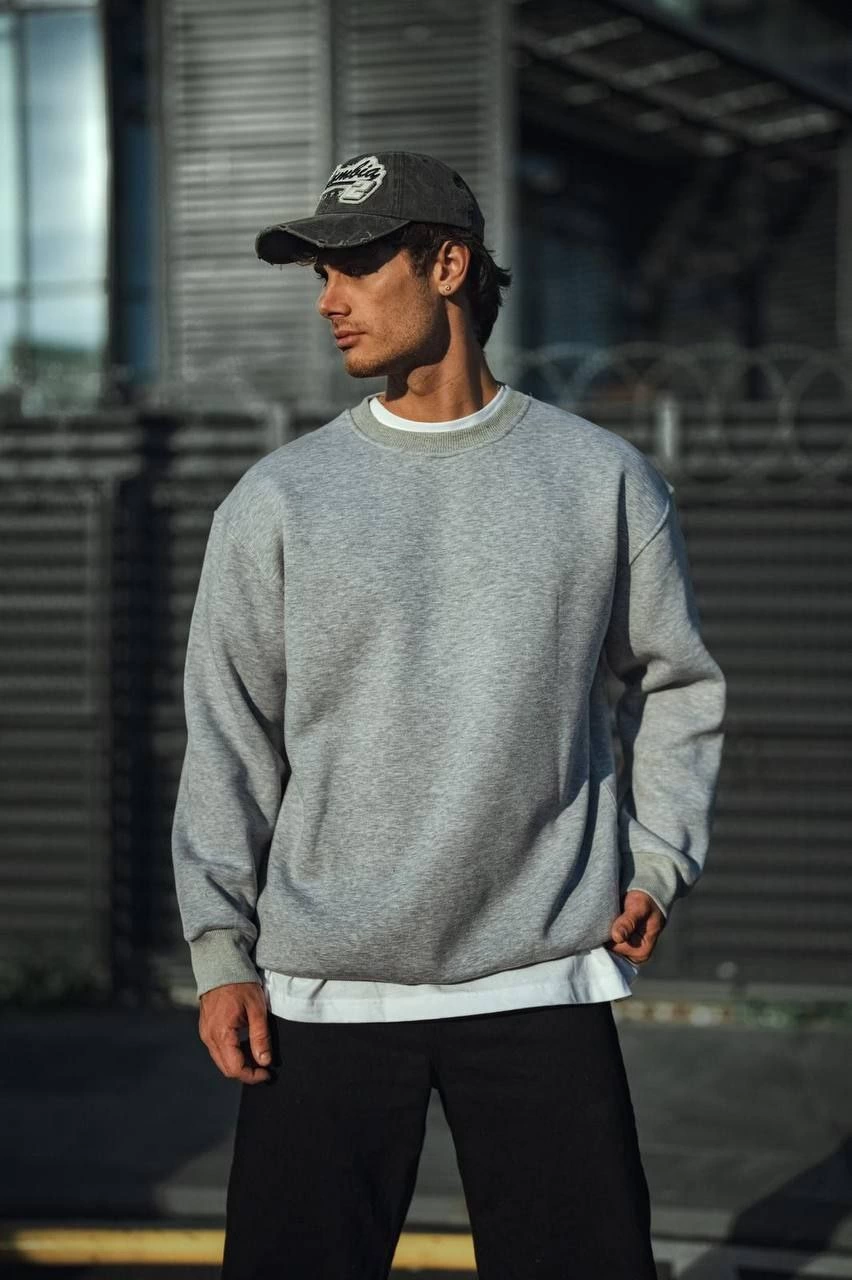Erkek Kışlık Bisiklet Yaka 3 İplik Basic SweatShirt - Gri