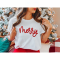 Yılbaşı Merry Christmas Baskılı Kısa Kollu Oversize Bisiklet Yaka T-shirt - Beyaz