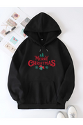 Yılbaşı Merry Christmas Baskılı Oversize Kapüşonlu Sweatshirt Hoodie - Siyah