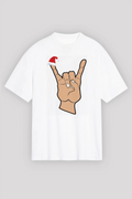 Yılbaşı Noel Başlıklı Serçe Parmak Baskılı Oversize Bisiklet Yaka T-shirt - Beyaz