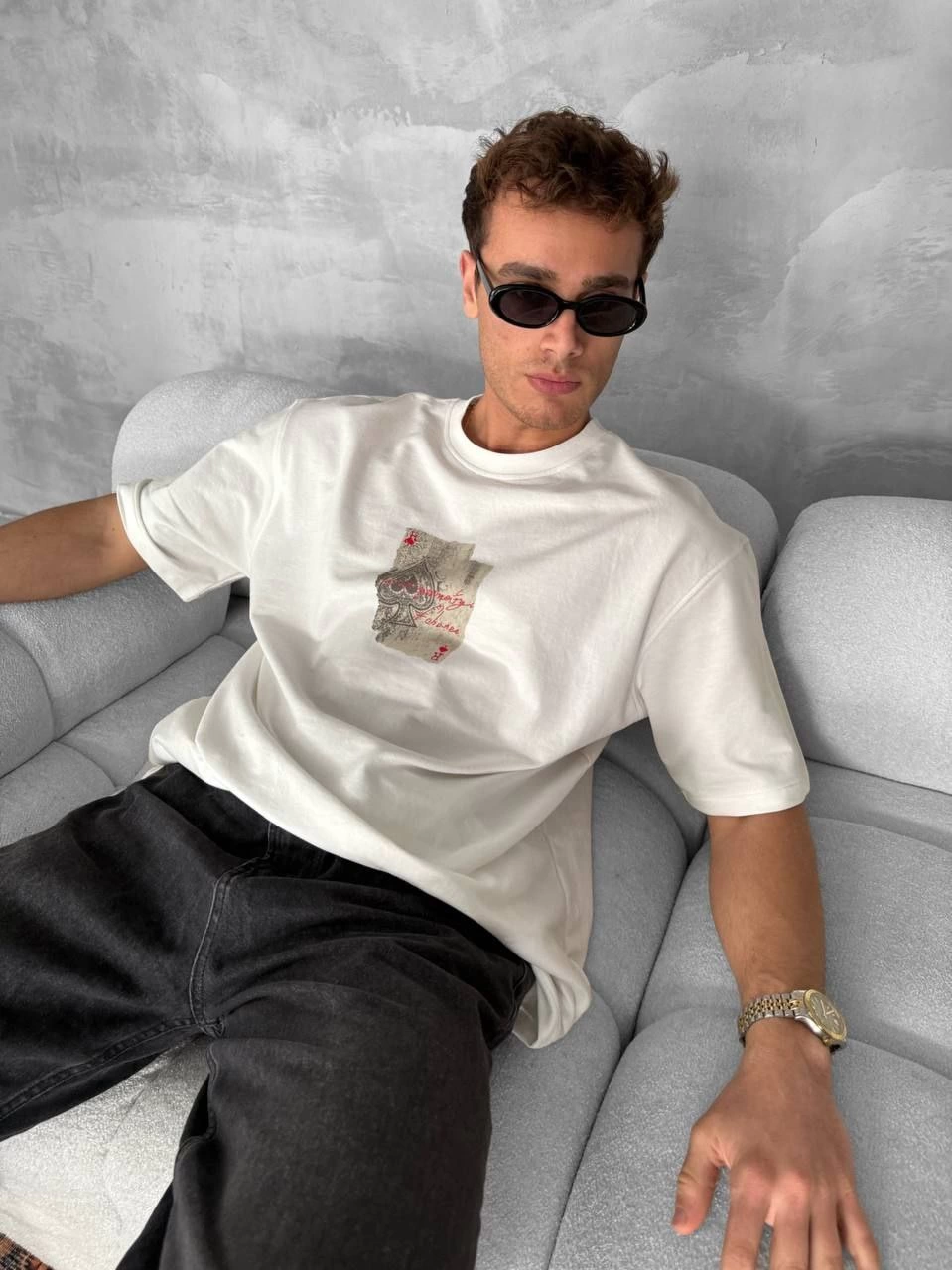 ERKEK Tişört Kısa kol Ön ve Arka Baskılı Oversize Bisiklet Yaka T-Shirt - Beyaz