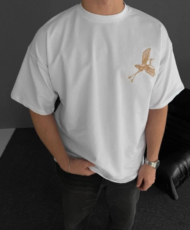 Erkek T-Shirt Ön ve Arka Baskılı Oversize Bisiklet Yaka tişort - Beyaz