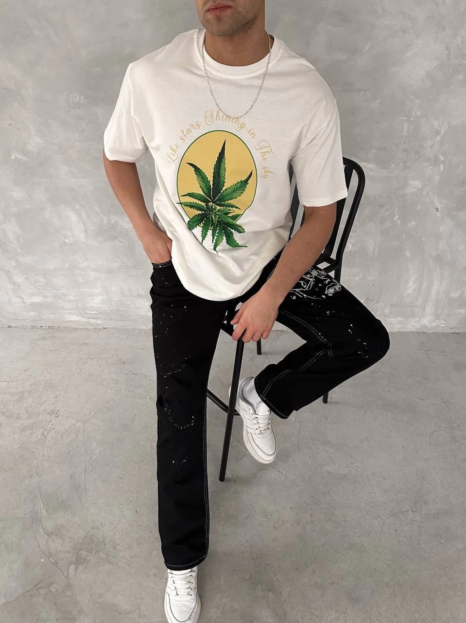 Erkek Kısa Kol Yazlık Tişört Bisiklet Yaka Baskılı Oversize T-Shirt - Beyaz