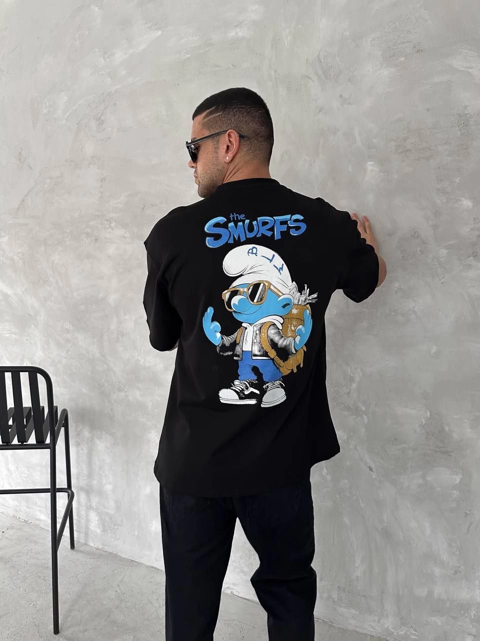 Erkek Ön ve Arka Baskılı T-Shirt Kısa Kol Bisiklet Yaka Regular Fit Tişört - Siyah