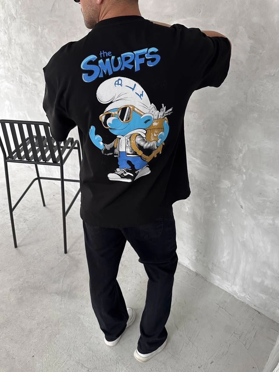 Erkek Ön ve Arka Baskılı T-Shirt Kısa Kol Bisiklet Yaka Regular Fit Tişört - Siyah