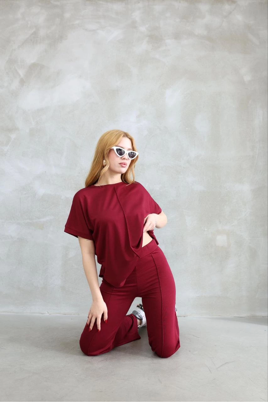 Kadın Osy Modal Yumuşak dokulu Bisiklet Yaka Kısa Kollu Alt-Üst Takım - Bordo