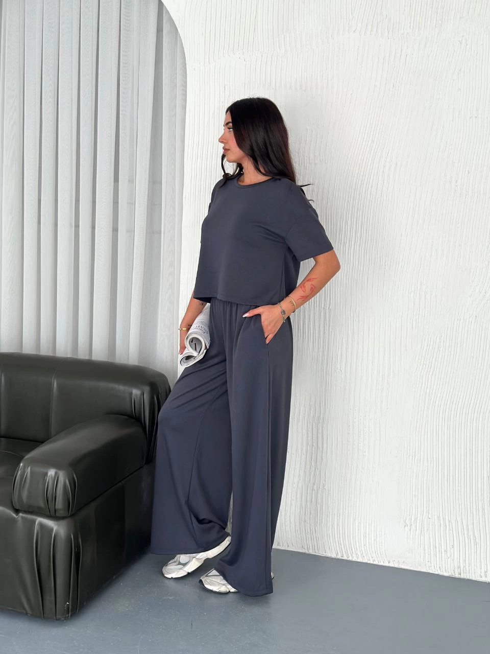 Kadın Osy Modal Bisiklet Yaka Tişört Bol Paça Pantolon İkili Takım - Antrasit