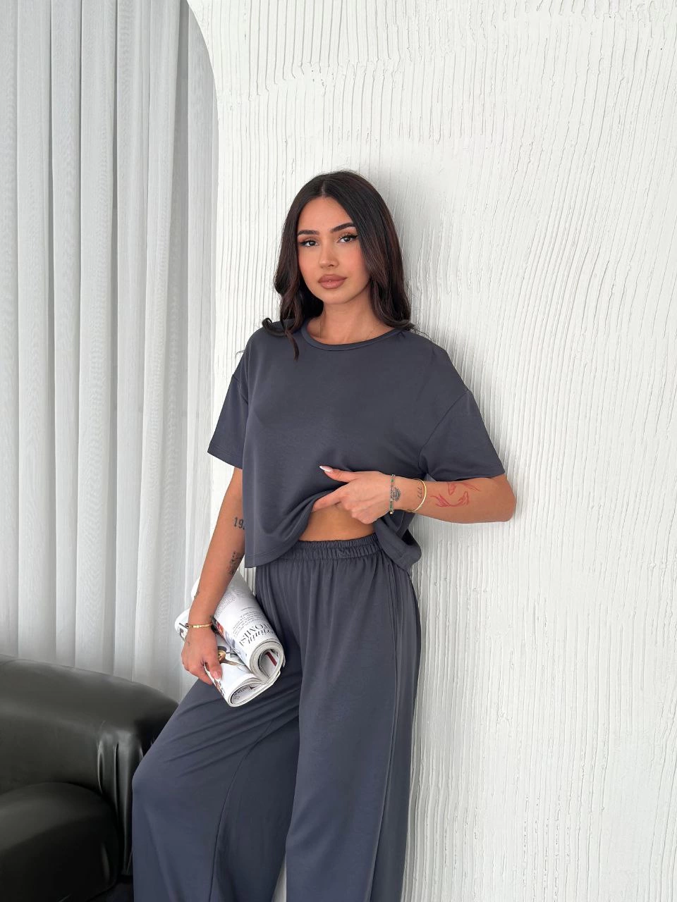 Kadın Osy Modal Bisiklet Yaka Tişört Bol Paça Pantolon İkili Takım - Antrasit