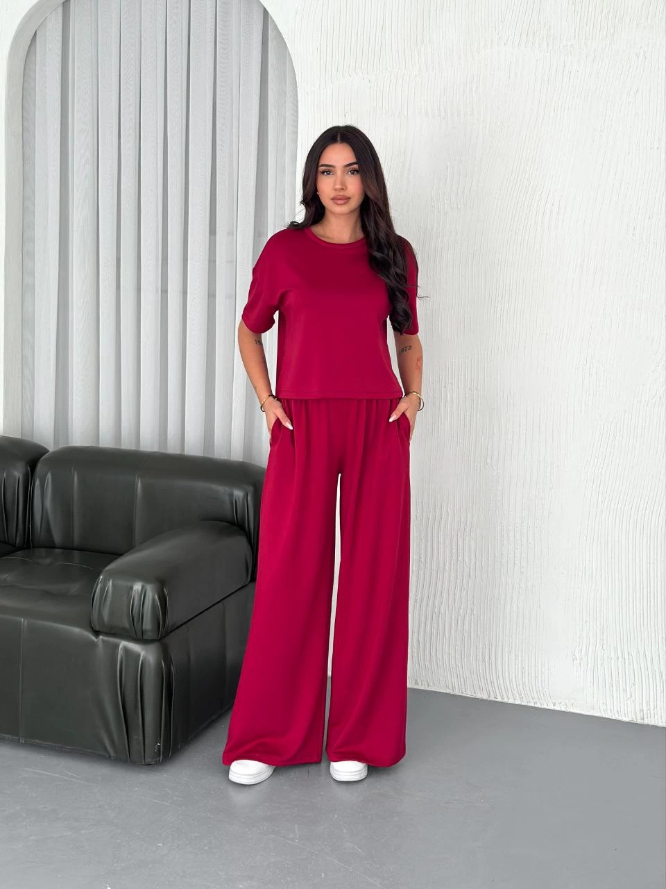 Kadın Osy Modal Bisiklet Yaka Tişört Bol Paça Pantolon İkili Takım - Bordo