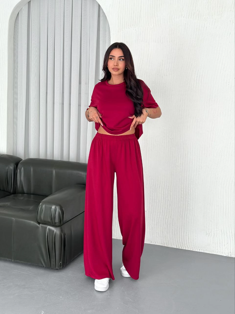 Kadın Osy Modal Bisiklet Yaka Tişört Bol Paça Pantolon İkili Takım - Bordo