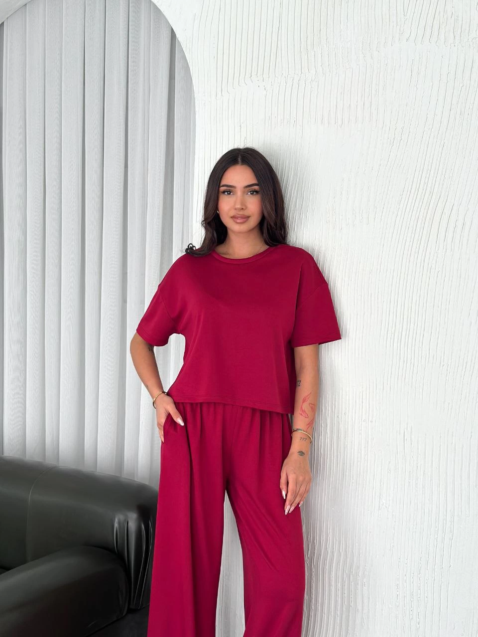 Kadın Osy Modal Bisiklet Yaka Tişört Bol Paça Pantolon İkili Takım - Bordo
