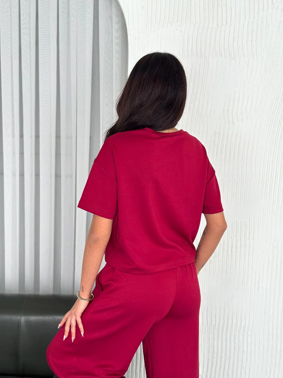 Kadın Osy Modal Bisiklet Yaka Tişört Bol Paça Pantolon İkili Takım - Bordo
