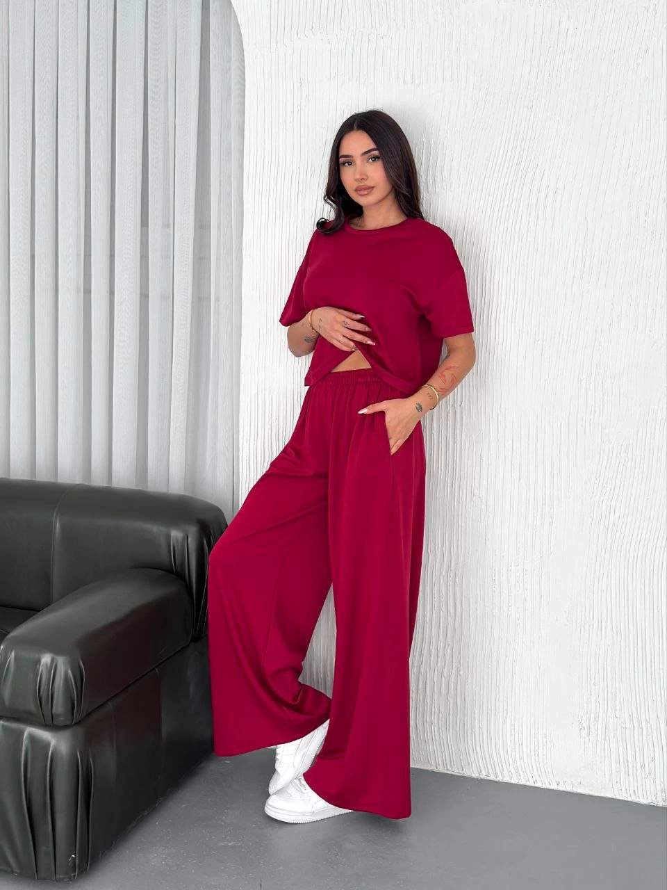 Kadın Osy Modal Bisiklet Yaka Tişört Bol Paça Pantolon İkili Takım - Bordo