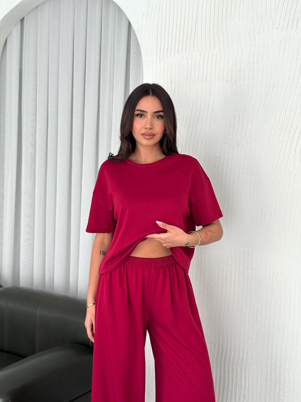 Kadın Osy Modal Bisiklet Yaka Tişört Bol Paça Pantolon İkili Takım - Bordo