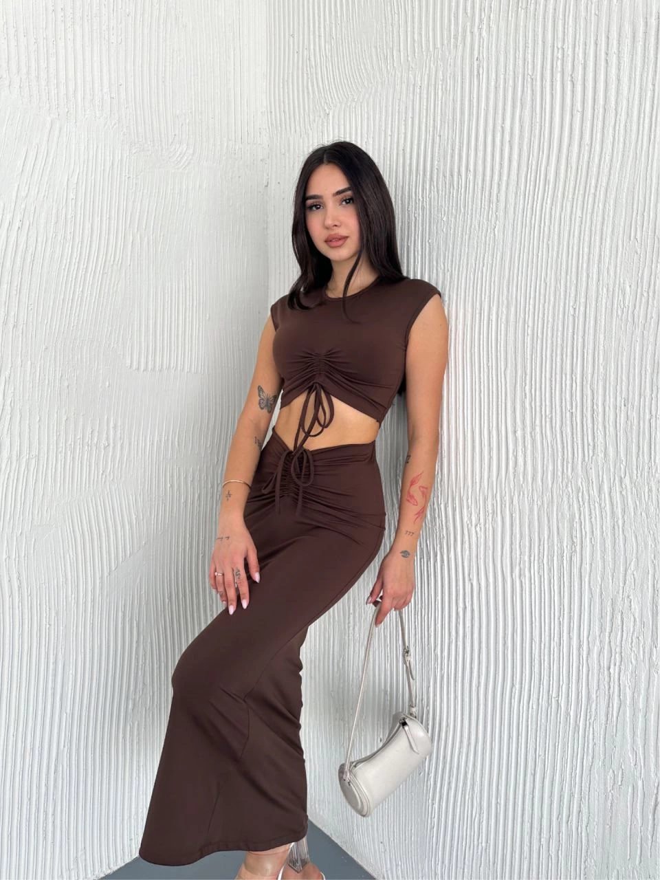 Osy Modal Yumuşak Dokulu Kumaş Büzgülü Crop Etek Takım -Kahverengi