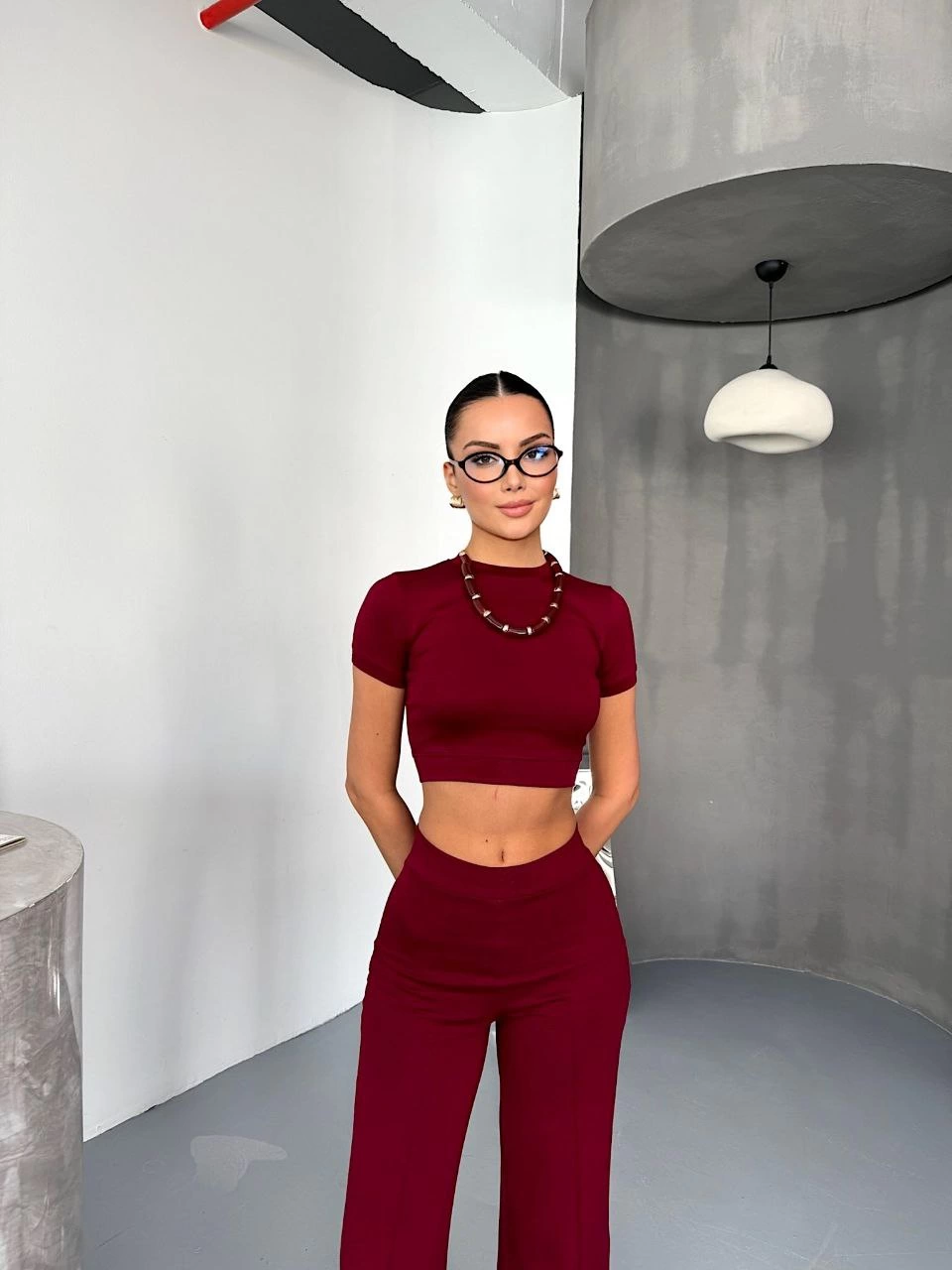 Kadın Modal Yumuşak Dokulu Crop Üst İspanyol Paça Pantolon İkili Takım - Bordo