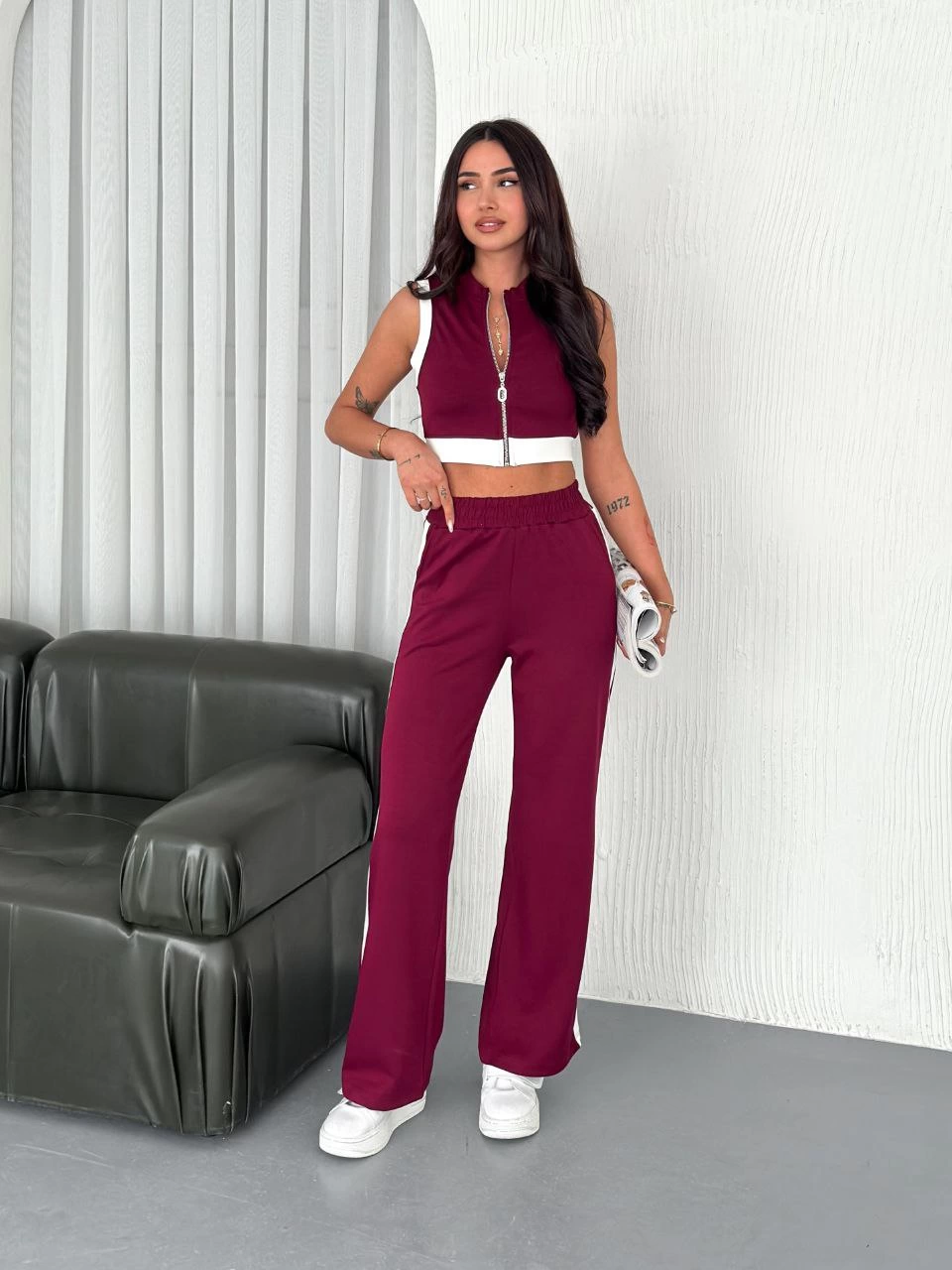 Kadın Osy Modal Yumuşak Dokulu Kumaş Tam Fermuarlı Crop Pantolon İkili Takım - Bordo