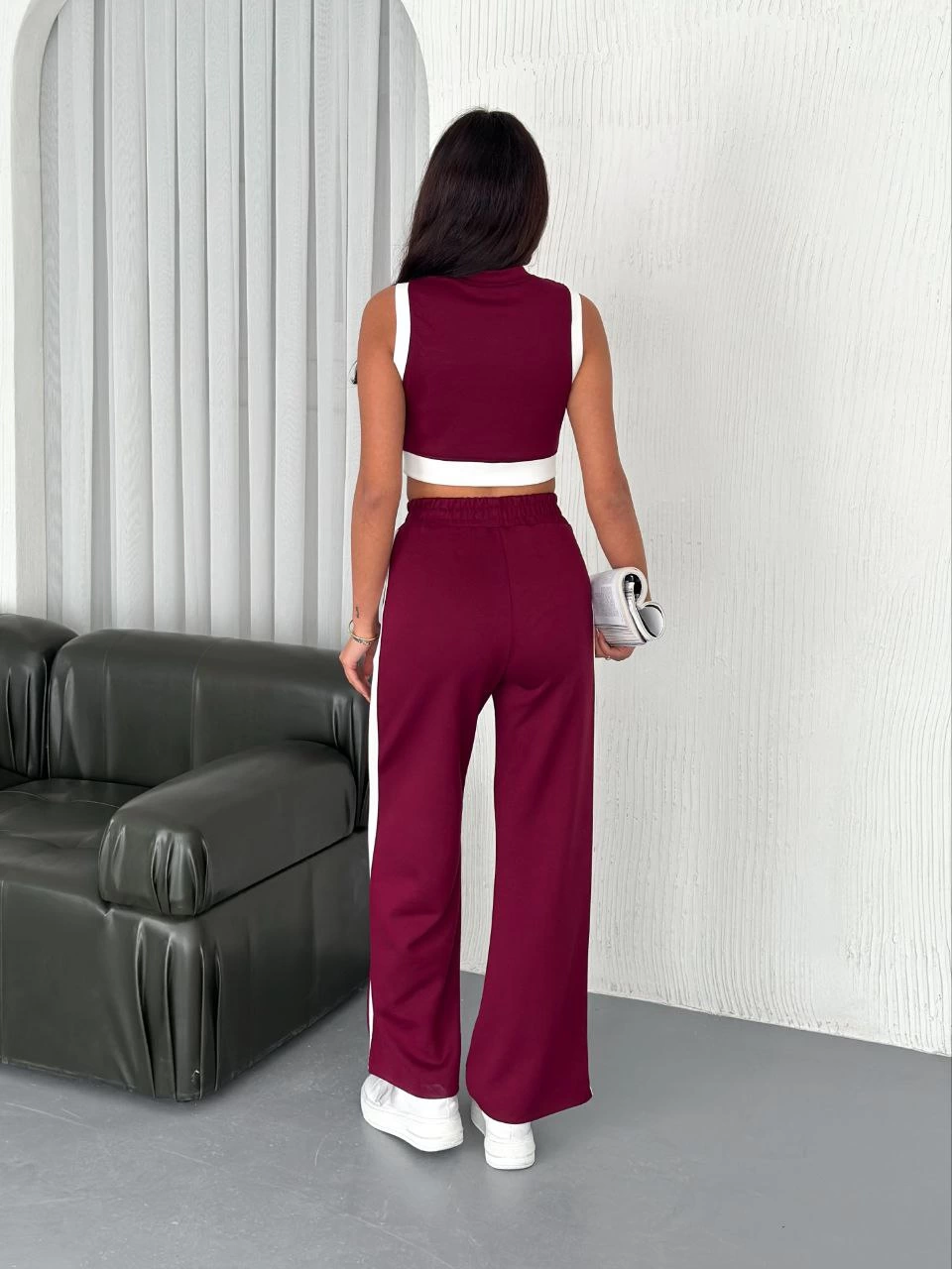 Kadın Osy Modal Yumuşak Dokulu Kumaş Tam Fermuarlı Crop Pantolon İkili Takım - Bordo