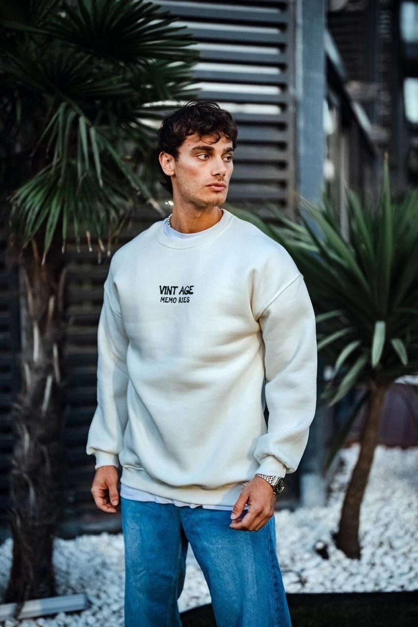 Erkek Bisiklet Yaka 3 İplik pamuklu Baskılı SweatShirt - Beyaz