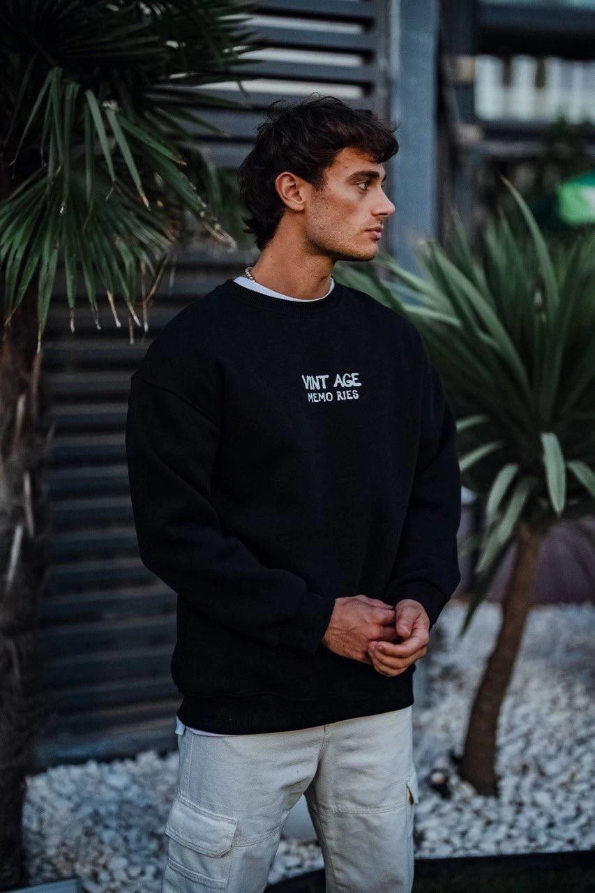 Erkek Bisiklet Yaka 3 İplik Pamuklu Baskılı SweatShirt - Siyah