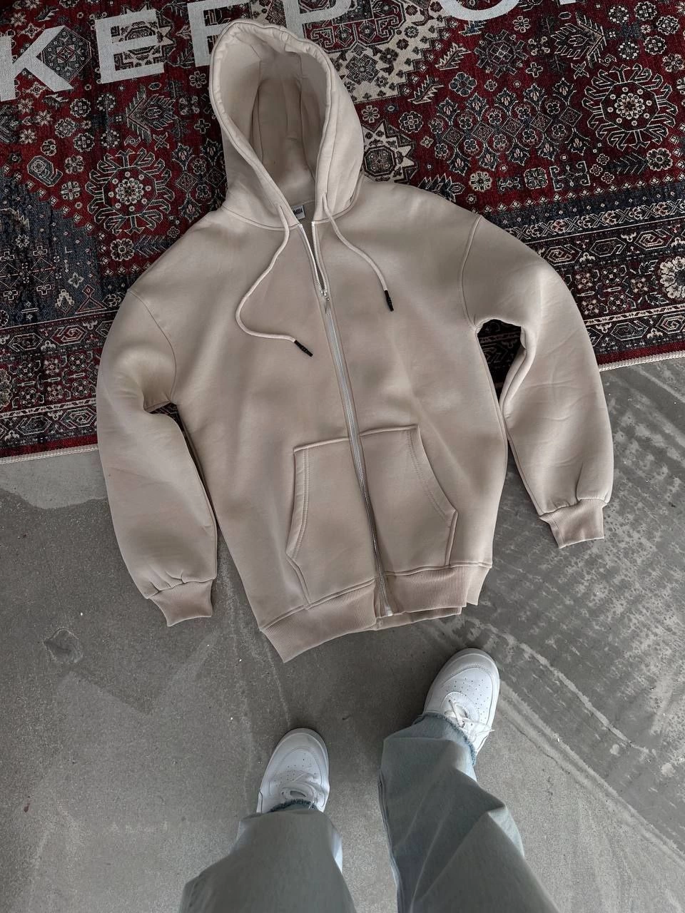 Kadın 3 İplik Pamuklu Kapüşonlu Kanguru Cepli Baskılı Oversize Hoodie Sweatshirt - Bej