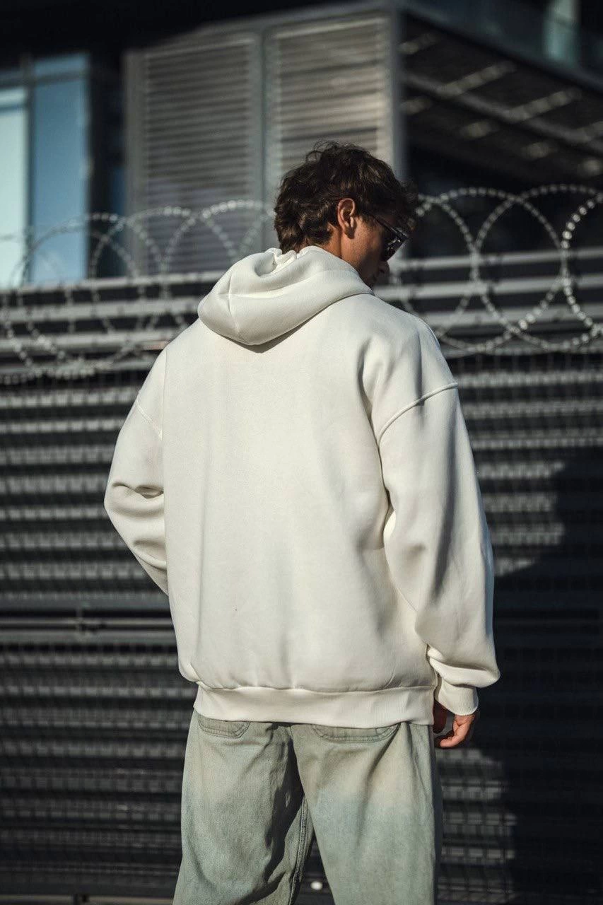Erkek Tam Fermuarlı Cepli Kapüşonlu 3 iplik pamuklu hoodie Sweatshirt - Beyaz
