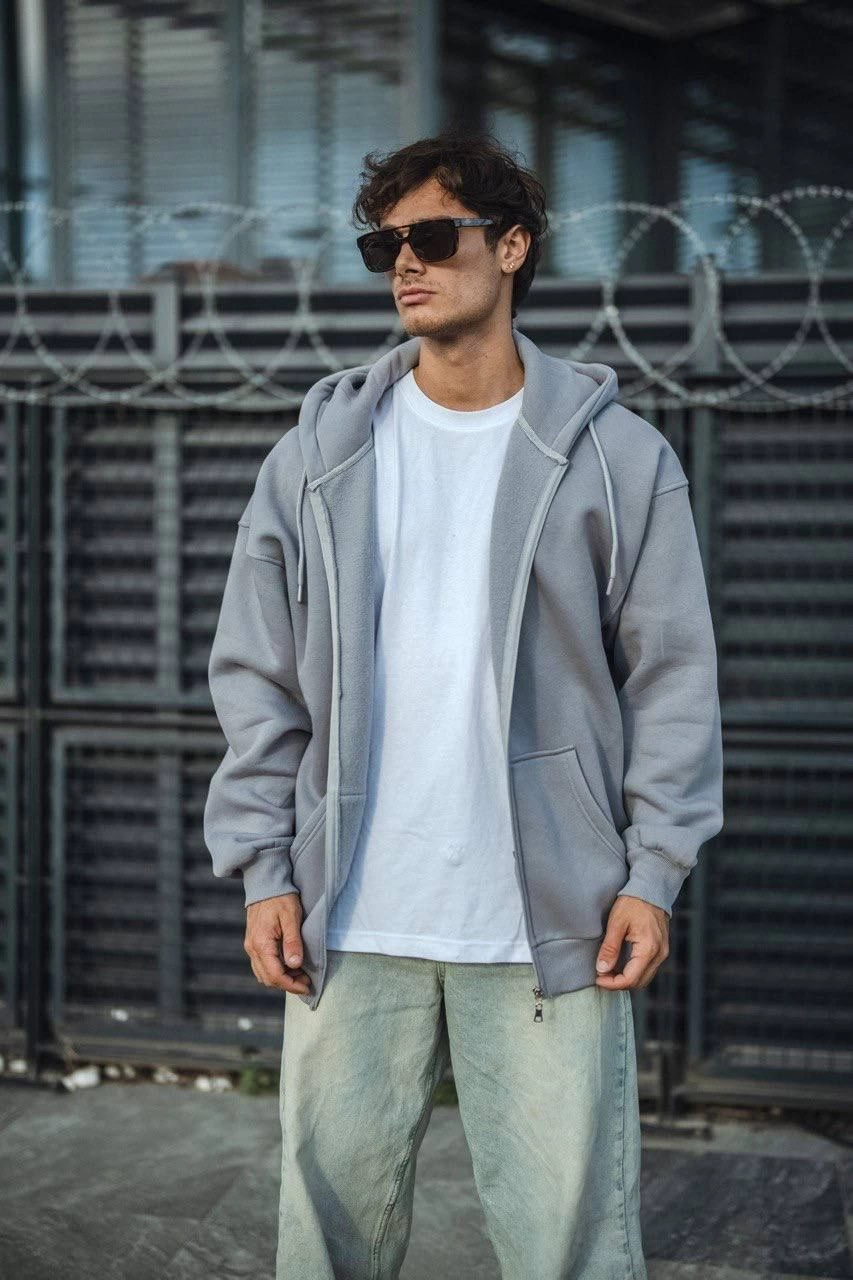 Erkek Tam Fermuarlı Cepli Kapüşonlu 3 iplik pamuklu hoodie Sweatshirt - Gri