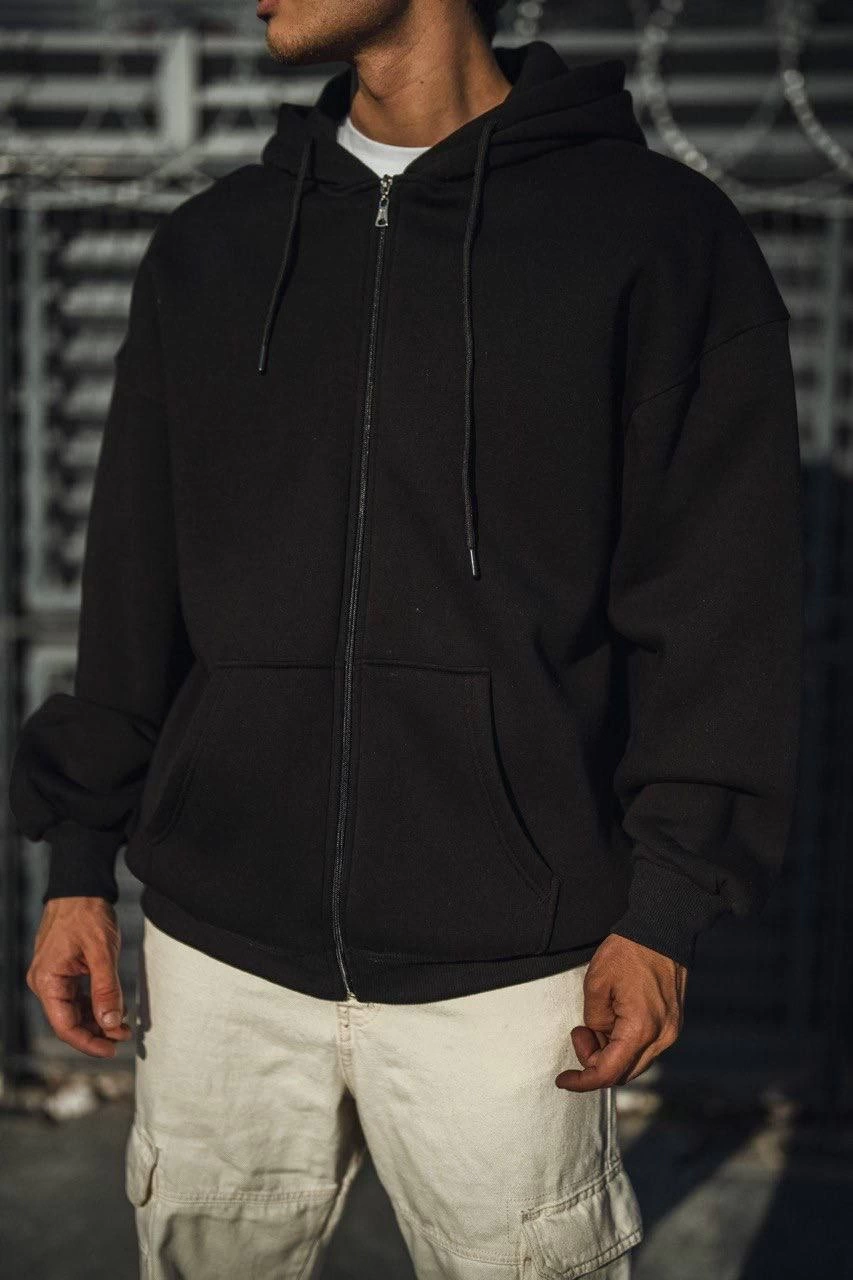 Erkek Tam Fermuarlı Cepli Kapüşonlu 3 iplik pamuklu hoodie Sweatshirt - Siyah