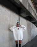 Kadın 3 iplik Pamuklu Bisiklet Yaka GÜL Baskılı SweatShirt - BeyazBeyaz