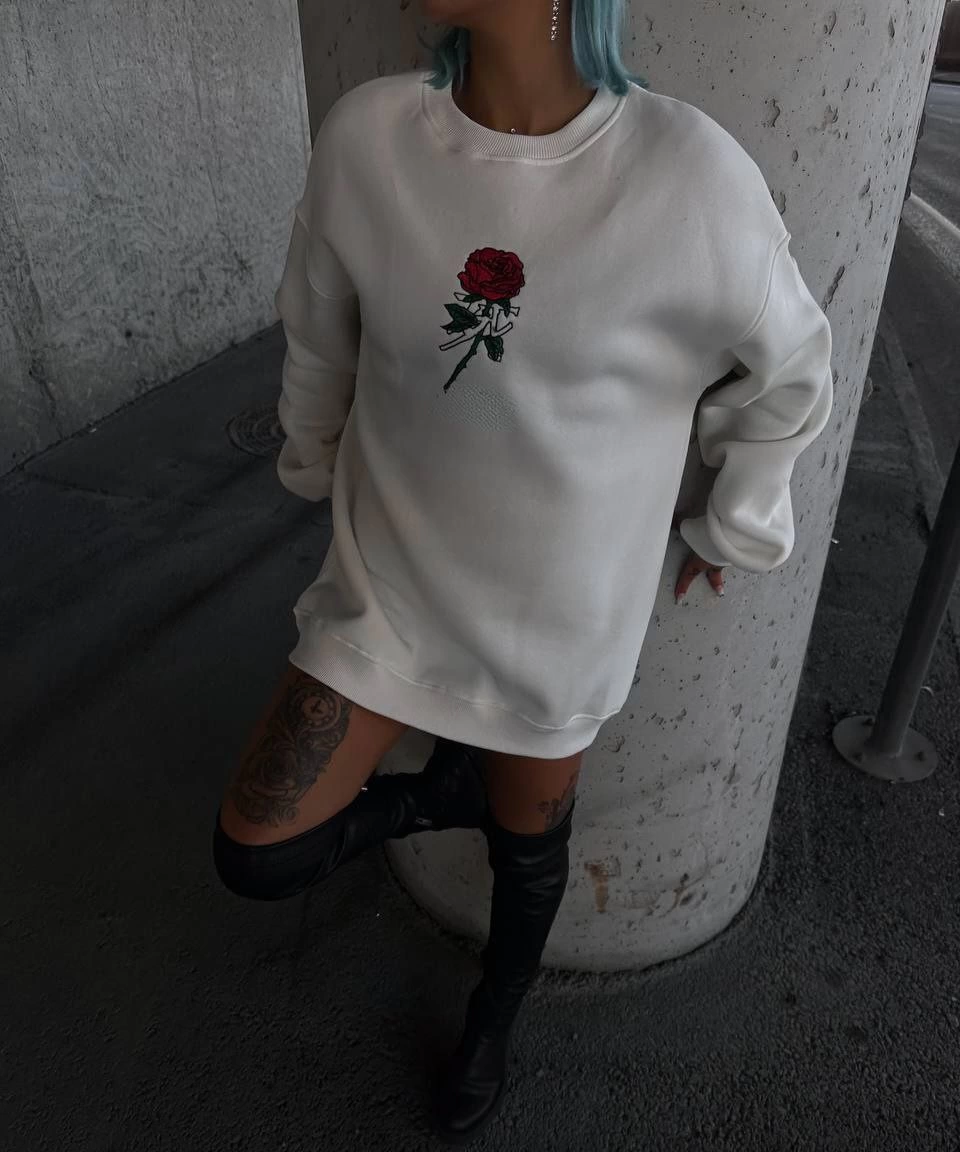 Kadın 3 iplik Pamuklu Bisiklet Yaka GÜL Baskılı SweatShirt - BeyazBeyaz