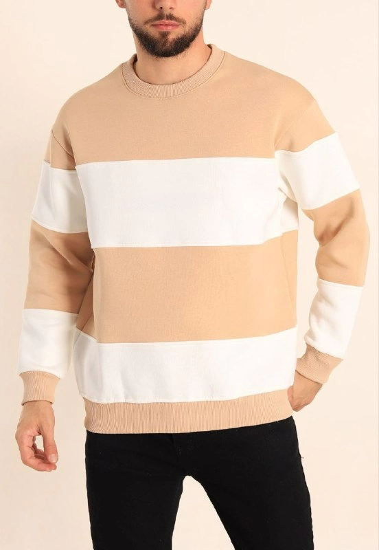 Erkek 3 iplik pamuklu Parçalı Bisiklet Yaka SweatShirt - Bej