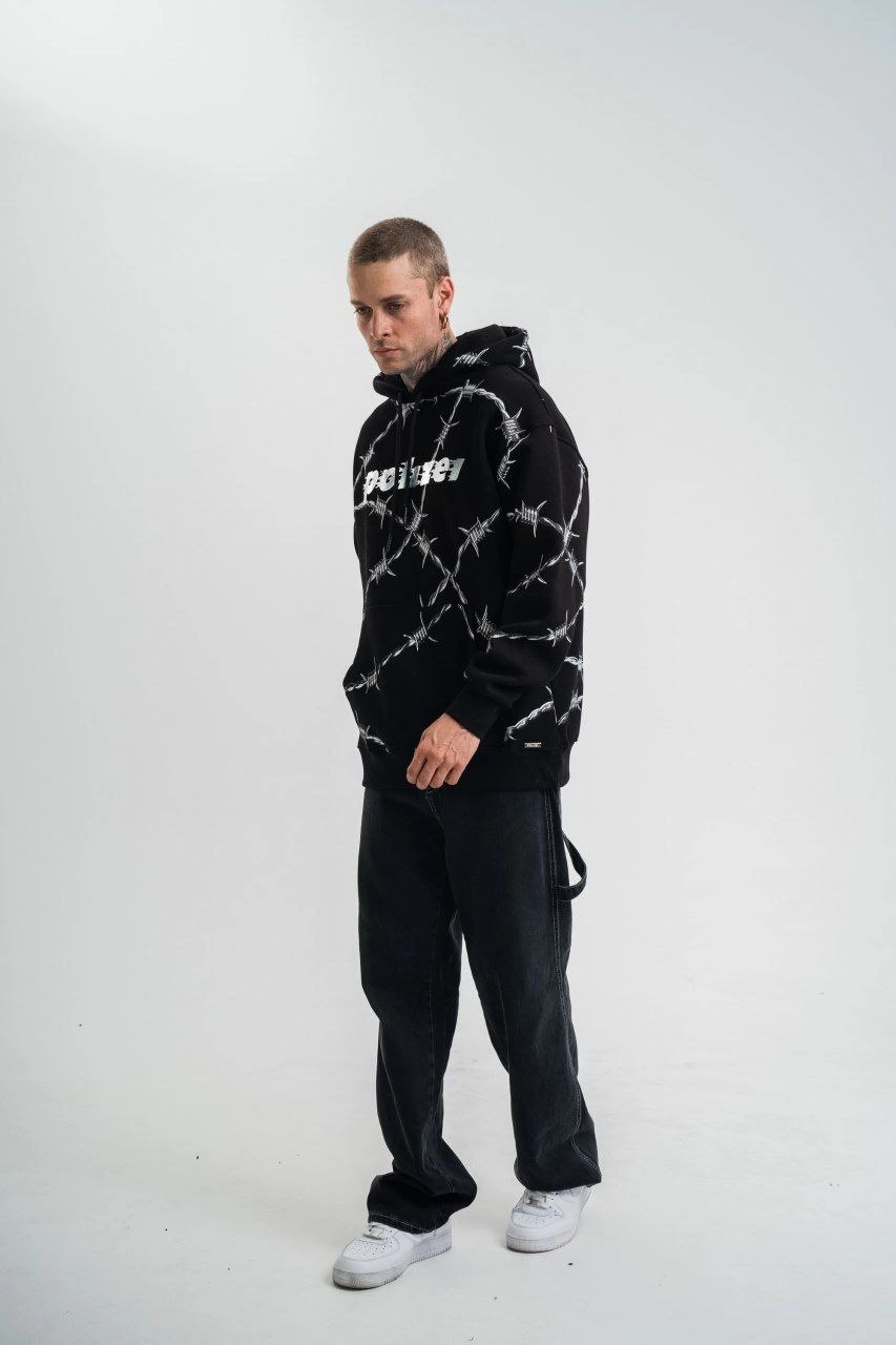 ERKEK Kapüşonlu Varak ve Pano Baskılı Hoodie  SweatShirt- Siyah