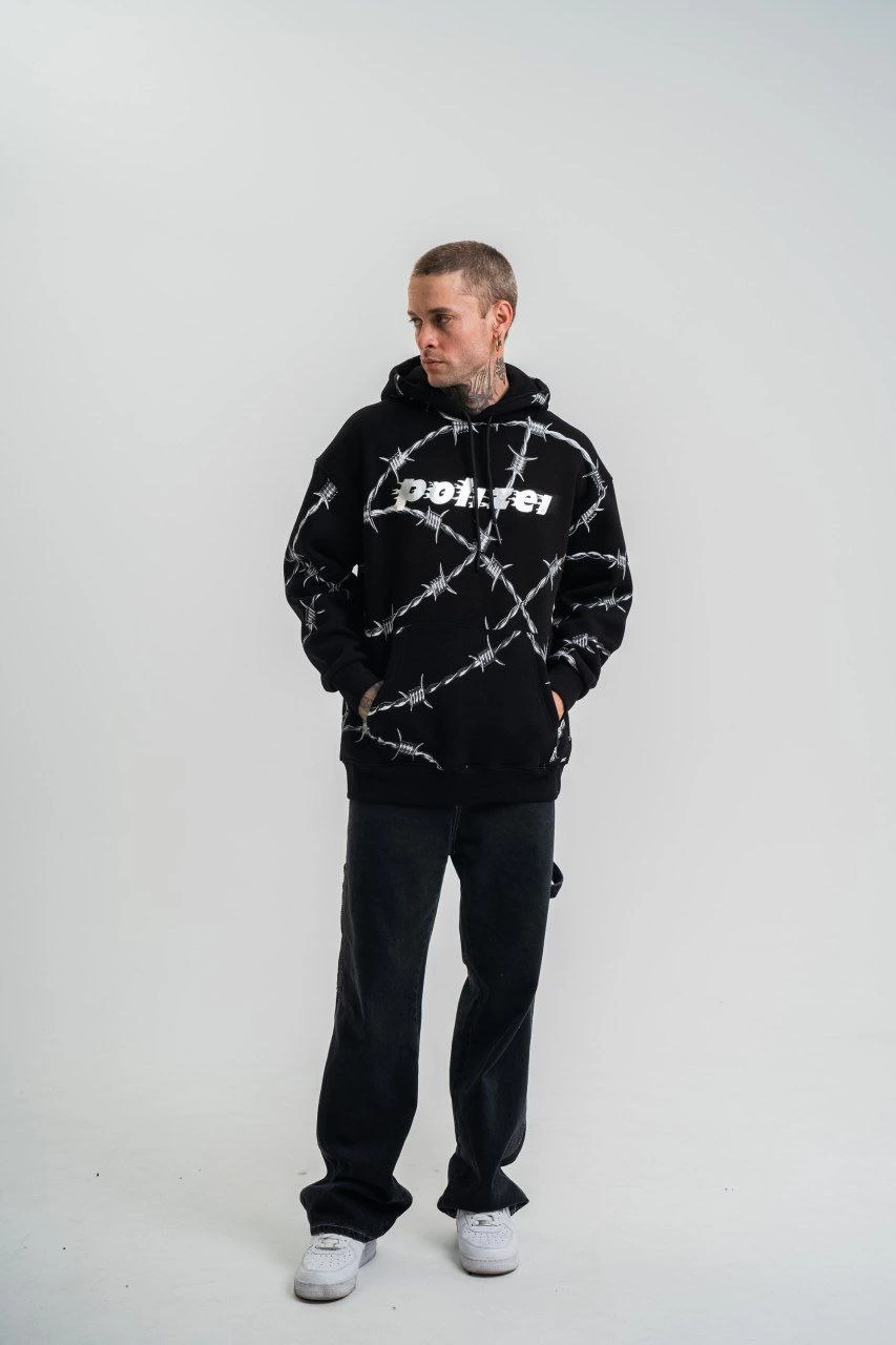 ERKEK Kapüşonlu Varak ve Pano Baskılı Hoodie  SweatShirt- Siyah