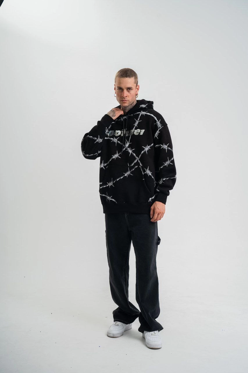 ERKEK Kapüşonlu Varak ve Pano Baskılı Hoodie  SweatShirt- Siyah