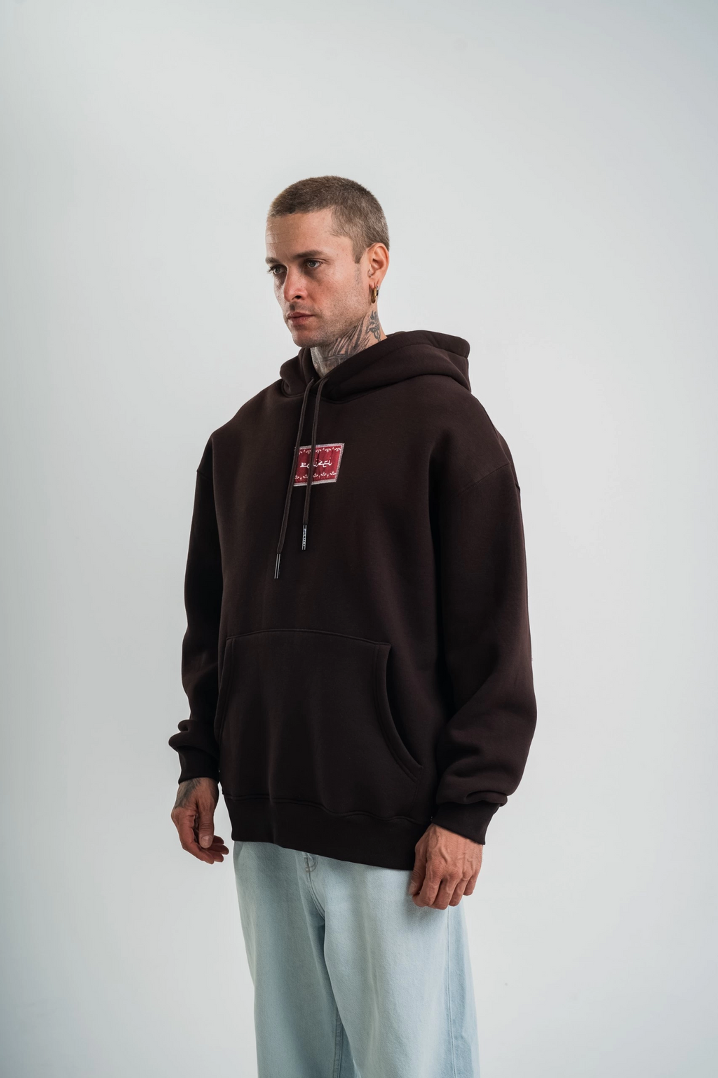 Erkek Nakışlı Kapüşonlu Oversize 3 İplik Pamuklu SweatShirt Hoodie - Siyah