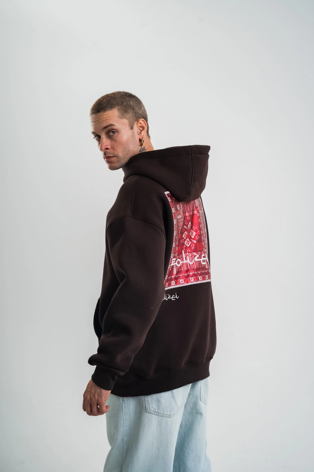 Erkek Nakışlı Kapüşonlu Oversize 3 İplik Pamuklu SweatShirt Hoodie - Siyah