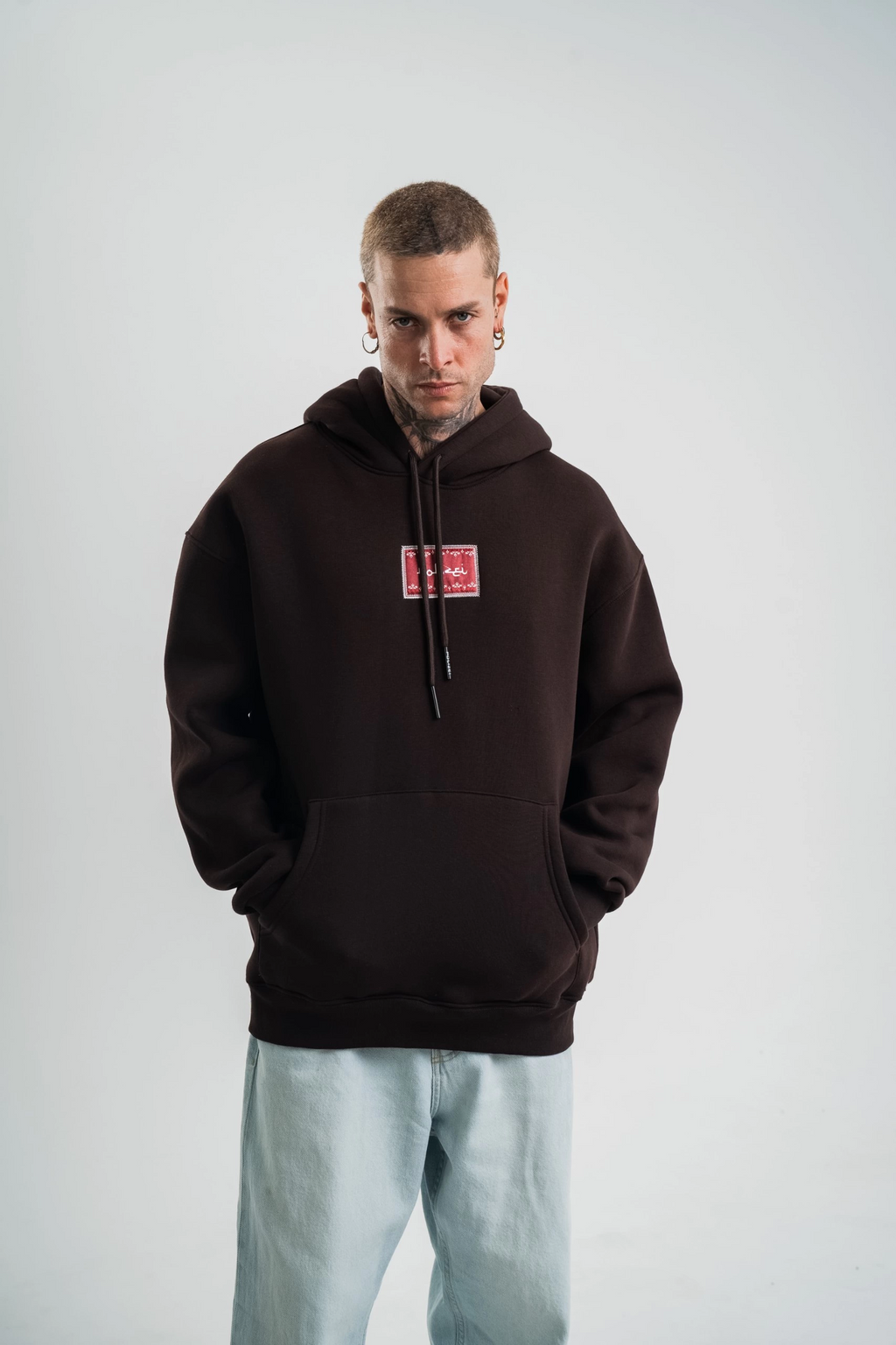 Erkek Nakışlı Kapüşonlu Oversize 3 İplik Pamuklu SweatShirt Hoodie - Siyah