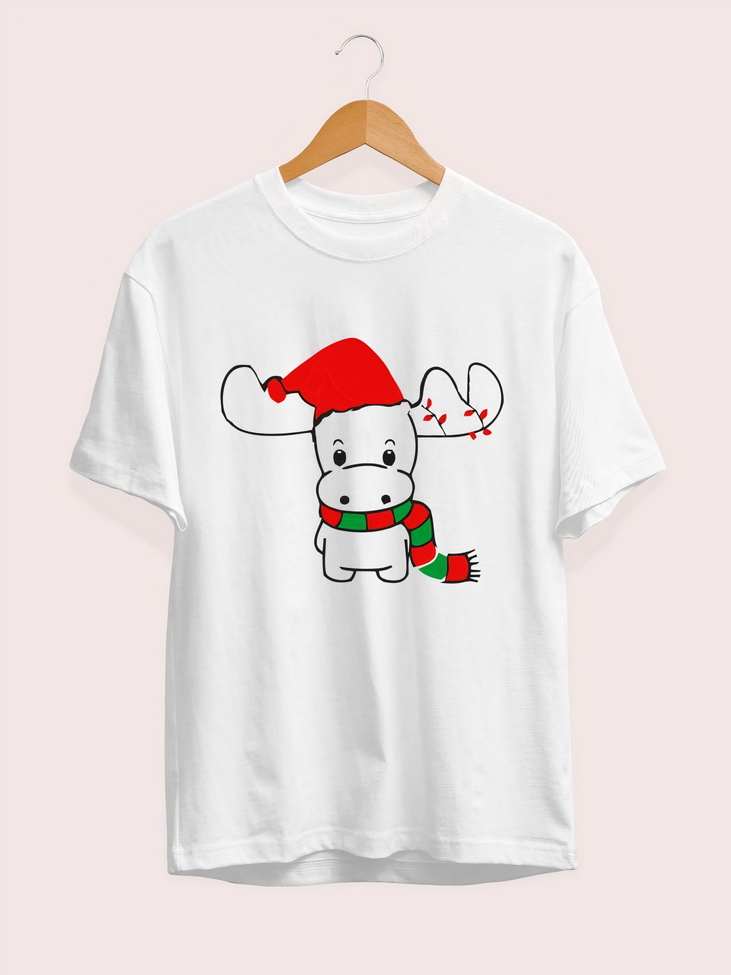Yılbaşı Noel Ren Geyiği Baskılı Kısa Kollu Oversize Bisiklet Yaka T-shirt - Beyaz