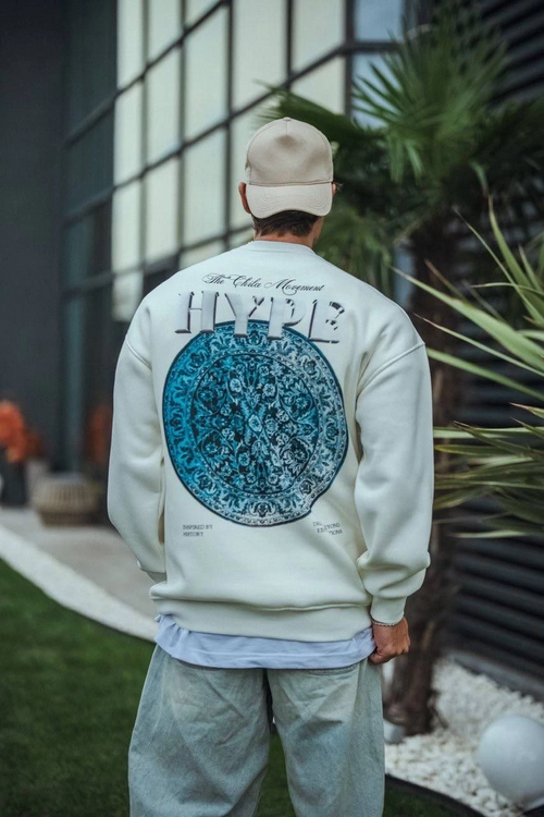 Erkek 3 İplik Pamuklu Bisiklet Yaka Baskılı SweatShirt - Beyaz
