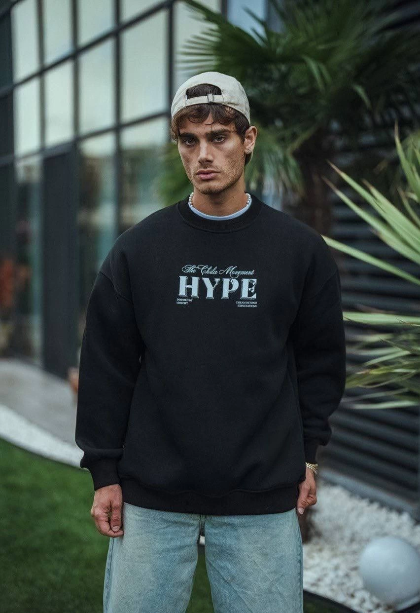 Erkek 3 İplik Pamuklu Bisiklet Yaka Baskılı SweatShirt - Siyah