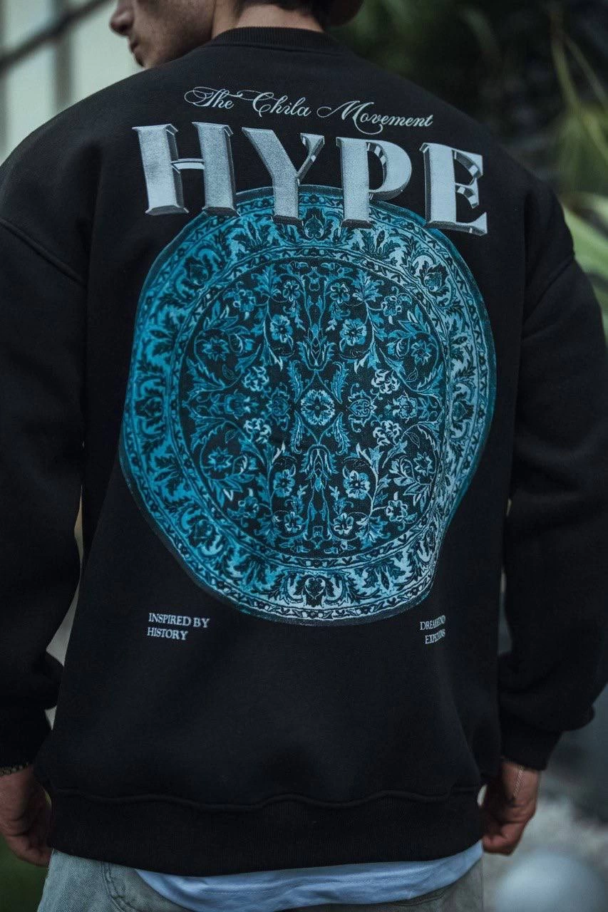 Erkek 3 İplik Pamuklu Bisiklet Yaka Baskılı SweatShirt - Siyah