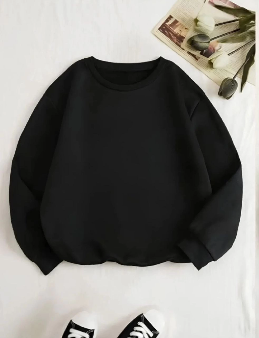 Kadın 3 İplik Pamuklu Bisikilet Yaka SweatShirt - Siyah