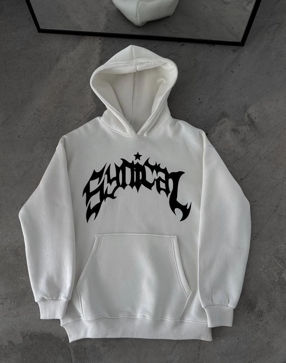 Kadın Kapüşonlu Kanguru Cepli Sweatshirt 3 İplik Pamuklu Baskılı Hoodie - Beyaz