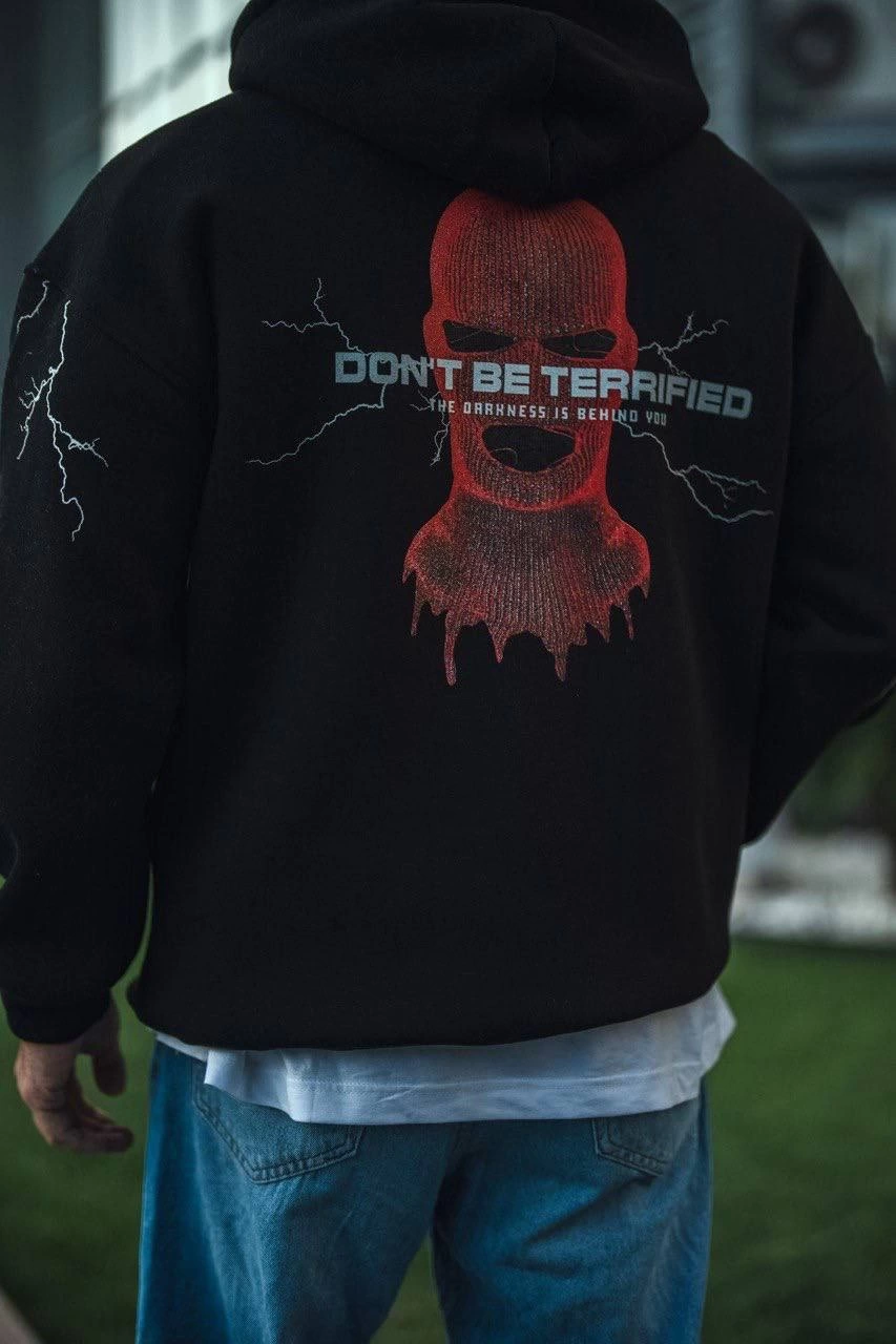 Erkek Kapüşonlu Kanguru Cepli Sweatshirt 3 İplik Pamuklu Baskılı Hoodie -  Siyah