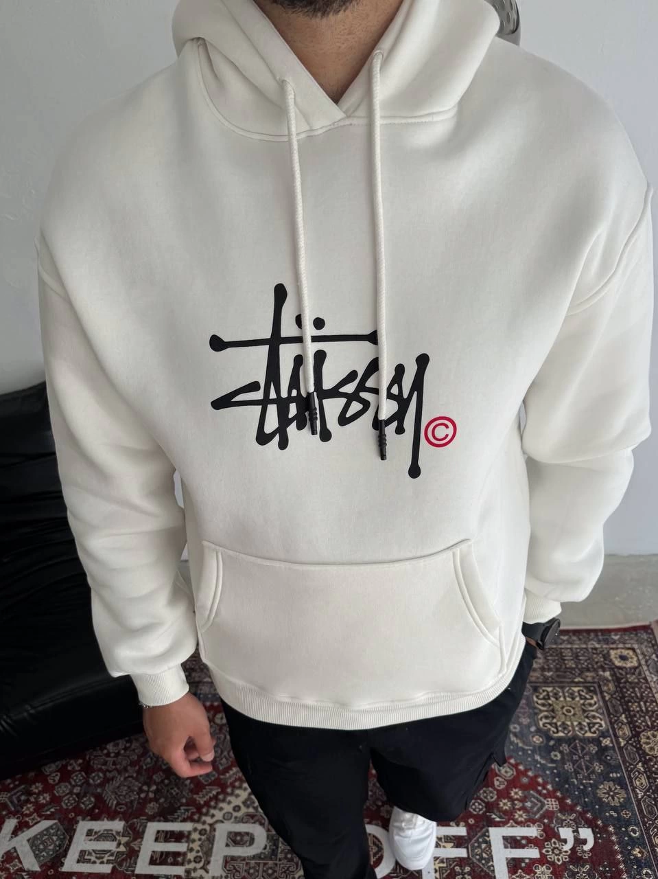 Erkek Üç İplik Kapşonlu Baskılı SweatShirt - Beyaz
